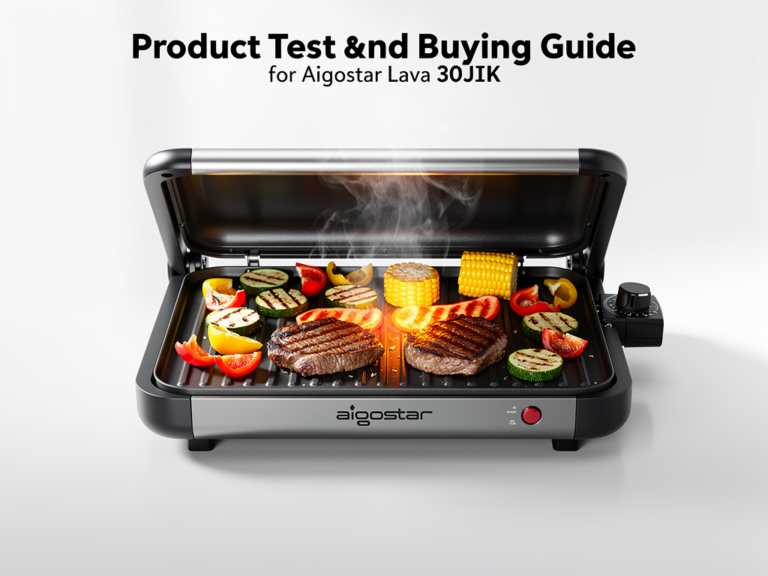 Aigostar Lava 30JIK Elektrogrill mit Edelstahlgehäuse und Grillgut in Nahaufnahme