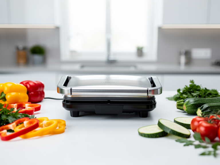 Clatronic KG 3571 Kontaktgrill in geöffneter Position mit Grillgut und Bedienfeld