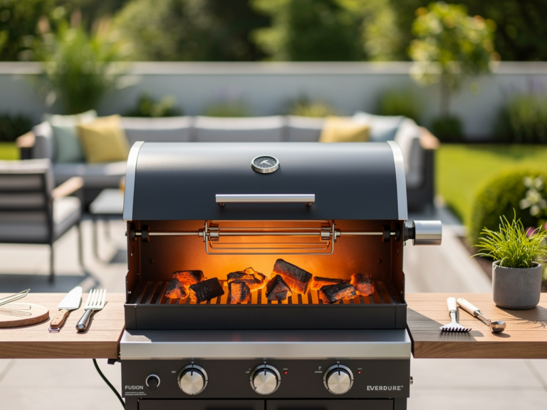 Everdure Fusion Holzkohlegrill mit innovativem zweigeteiltem Grillflächensystem und edlem Design