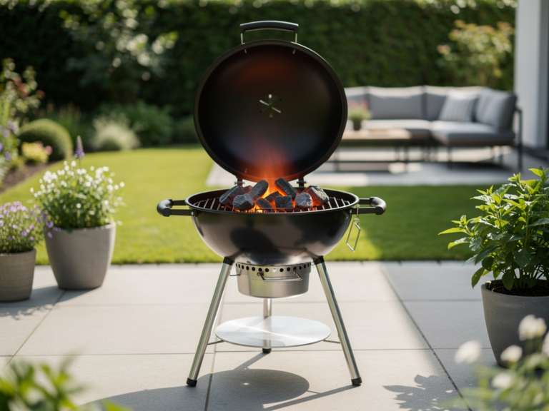 Feuerhand Tamber Holzkohle-Tischgrill im Garten mit emaillierter Grillfläche