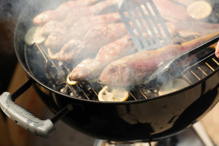 Frischer Fisch auf dem Grillrost mit Marinade und Grillzubehör für aromatisches Grillen