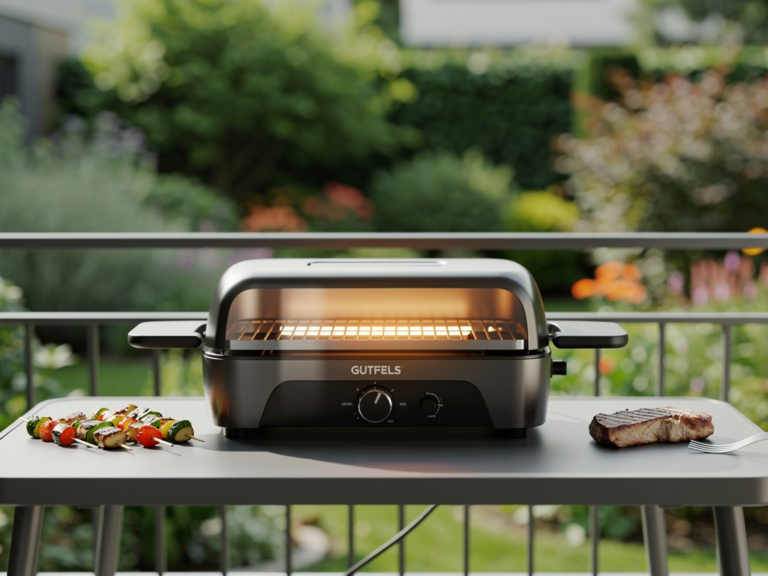 Gutfels E-Grill 2000 Elektrogrill auf Balkon mit kompakter Bauweise und stufenloser Temperaturregelung