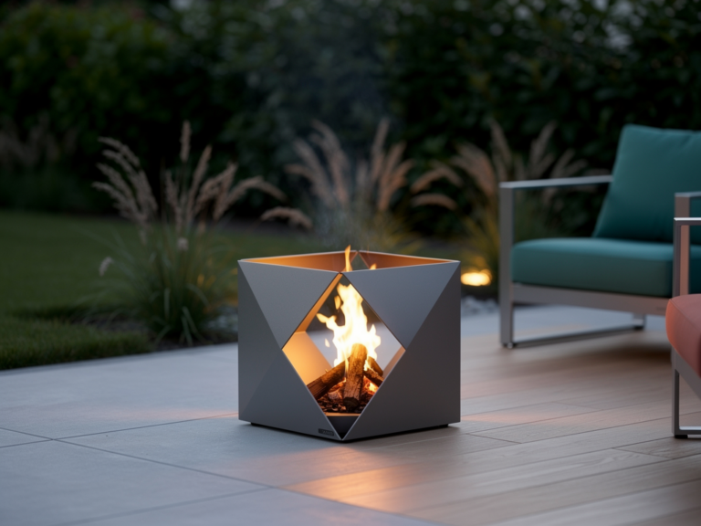 Höfats Cube Feuerschale und Grill in modernem Gartendesign auf Terrasse