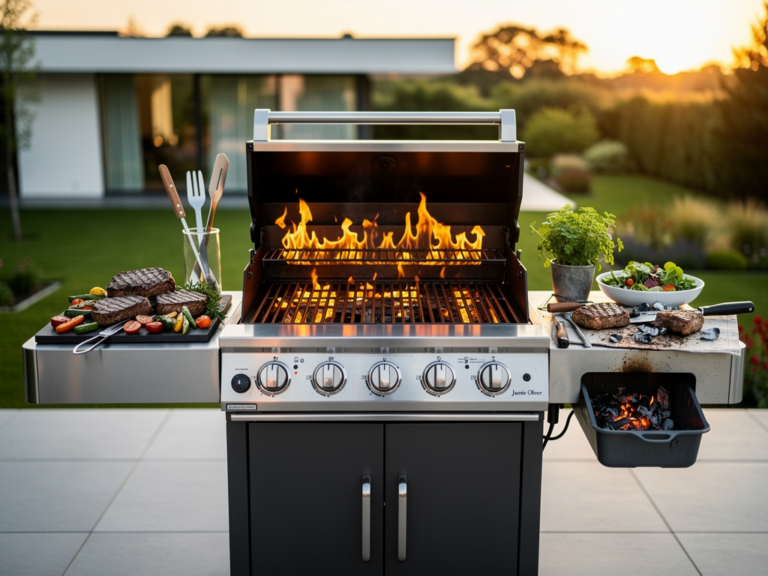 Jamie Oliver Home 3 Gasgrill in Mintgrün mit drei Brennern und Seitentisch