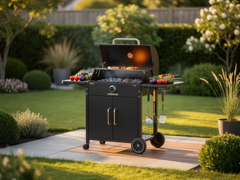 Landmann Dorado Holzkohle-Grillwagen im Garten mit emailliertem Gusseisenrost