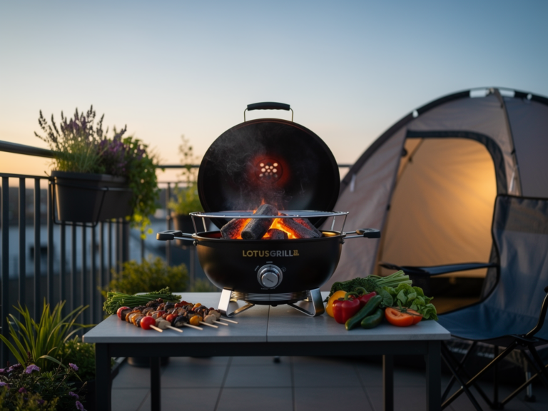 LotusGrill XL auf Balkon mit raucharmem Holzkohlegrill und Campingzubehör