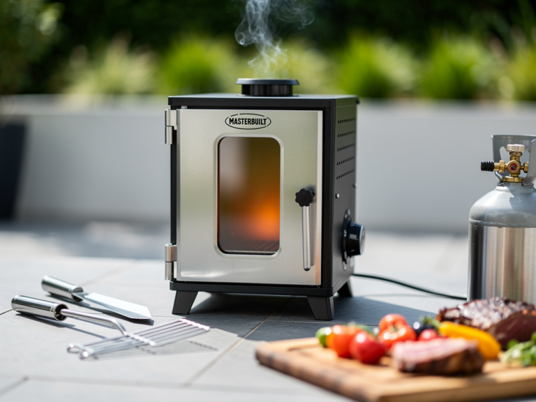 Masterbuilt MB20070122 Propangas-Smoker im Einsatz mit offenem Deckel und Temperaturanzeige