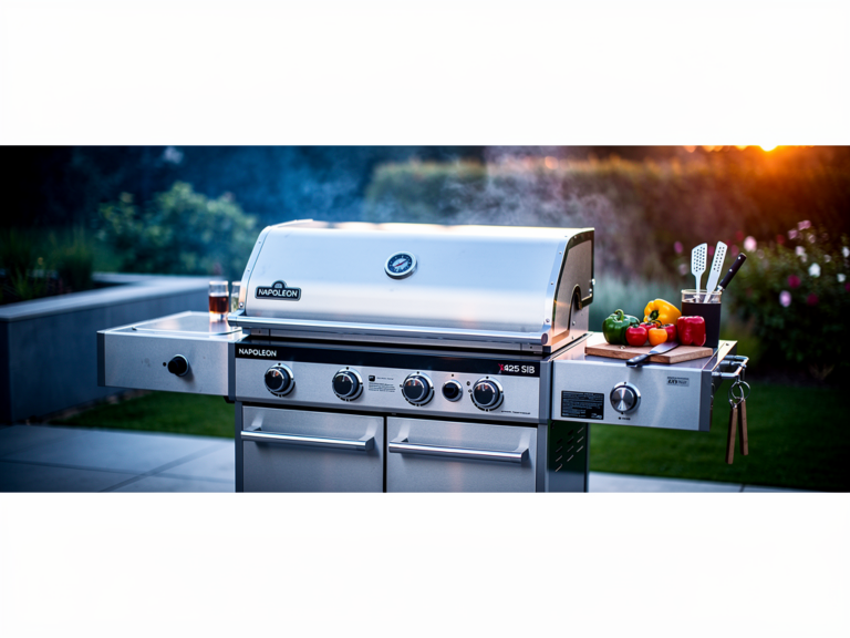 Napoleon Rogue XT 425 SIB Gasgrill Silber mit Sizzle-Zone in moderner Gartenumgebung