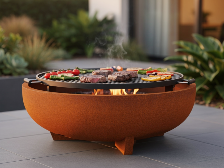 Ofyr Classic Corten 100 Holzkohlegrill mit großer Feuerplatte im Einsatz