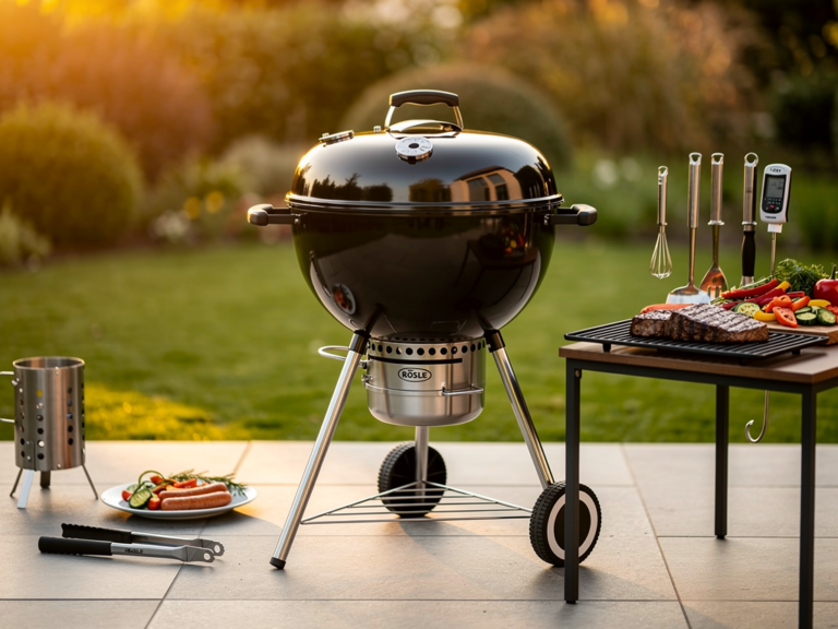 Rösle Kugelgrill F50 Sport geöffneter Deckel mit Grillrost und Holzkohle darunter