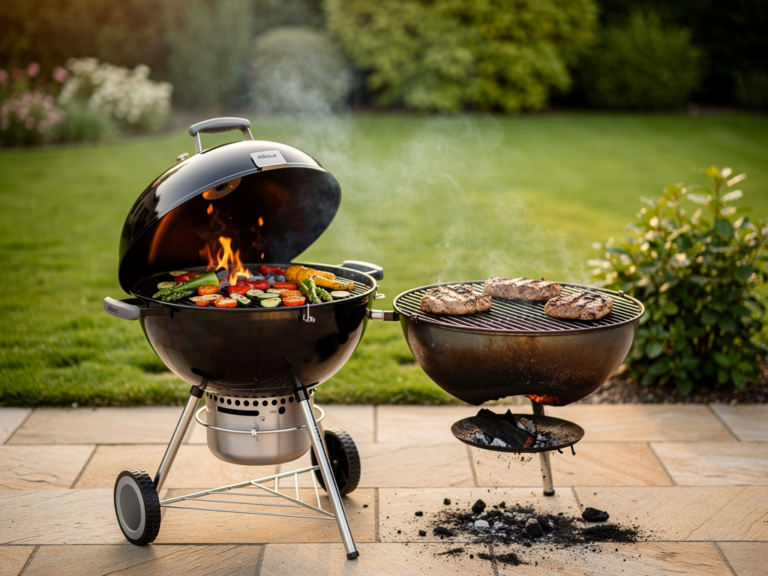 Rösle Kugelgrill F50 im Garten mit offenem Deckel und Grillgut beim Test