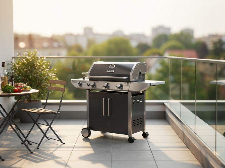 Rösle Videro G3-S kompakter Gasgrill auf kleiner Terrasse mit Edelstahlverarbeitung