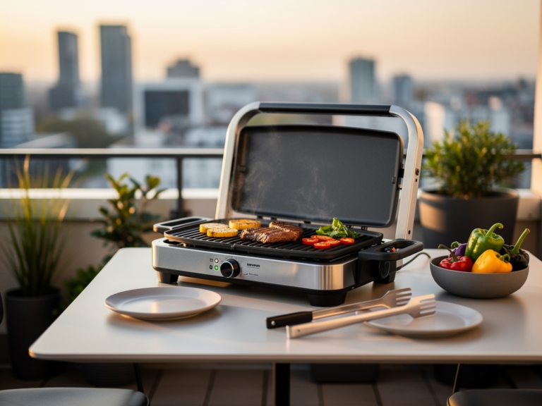 Severin SEVO GTS Elektrogrill auf Balkon mit praktischem Design und Temperaturregler