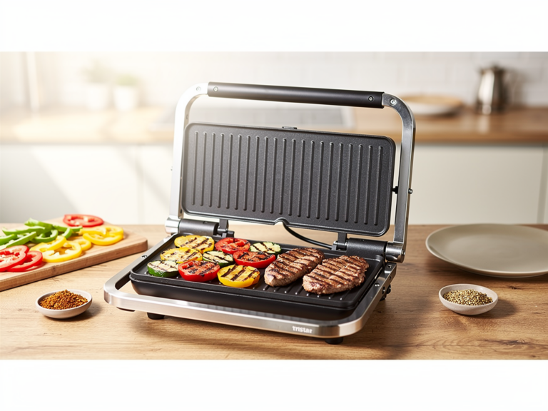 Tristar GR-2846 Kontaktgrill in moderner Küche mit gegrilltem Gemüse und Steak
