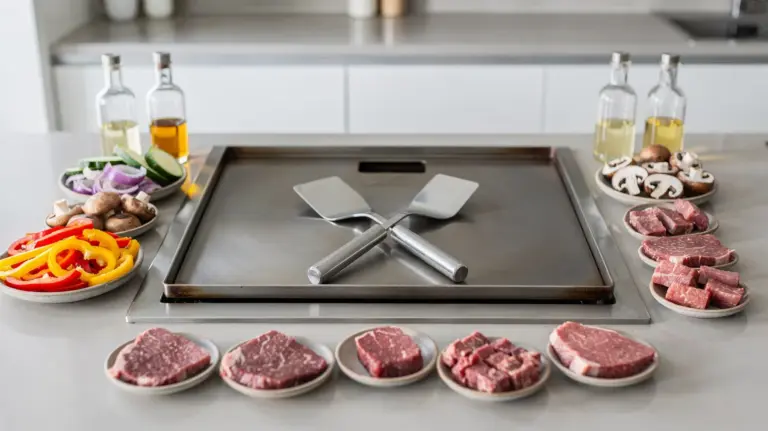 Teppanyakigrillen: Geräte, Technik und Alltagstipps Teppanyaki-Grill mit Grillplatte, Spateln und vorbereiteten Zutaten in der Küche